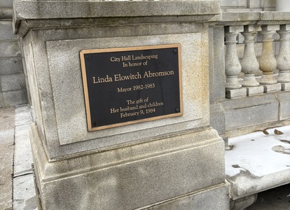 A plaque in Abromson Plaza in 1984 honoring Linda Abromson