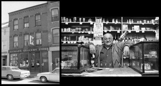 An external view of Zeitmans Grocery Store in 1980, and inside with Jack Zeitman at the counter